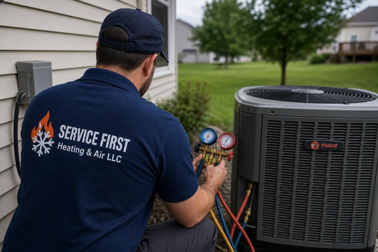 Service First technician checking refrigerant pressures on a home air conditioner