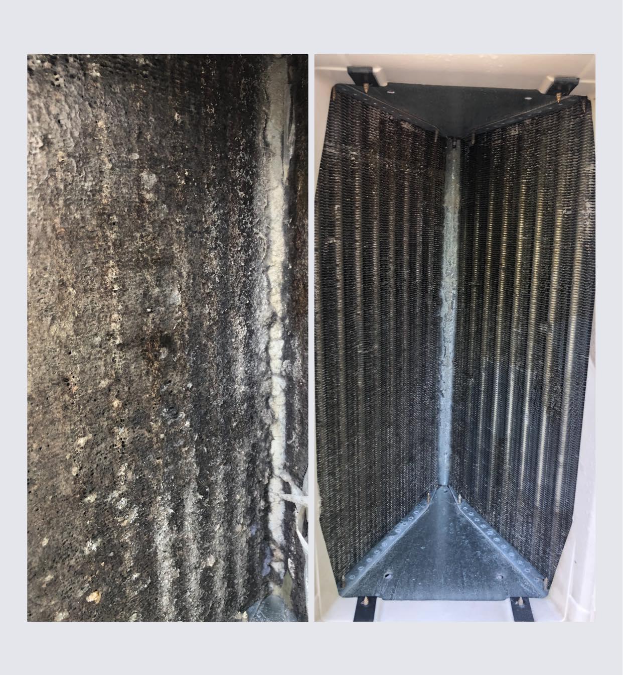 Condenser coil before and after a maintenance cleaning
